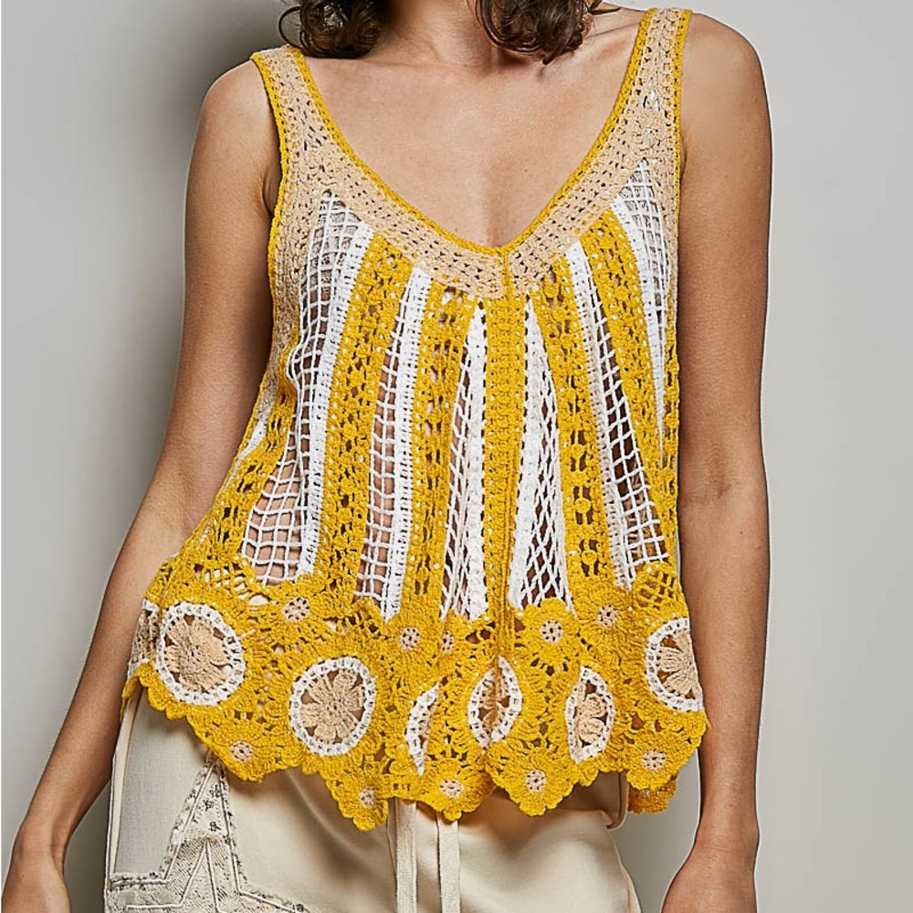 NWT POL Bohemian Yellow Crochet Lace Tank Top One Size